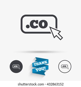 Domain CO sign icon. Top-level internet domain symbol with cursor pointer. Flat icons. Buttons with icons. Thank you ribbon. Vector