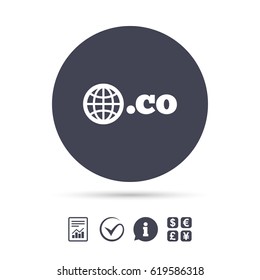 Domain CO sign icon. Top-level internet domain symbol with globe. Report document, information and check tick icons. Currency exchange. Vector