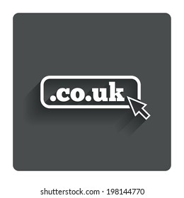 Domain CO.UK sign icon. UK internet subdomain symbol with cursor pointer. Gray flat button with shadow. Modern UI website navigation. Vector