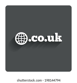 Domain CO.UK sign icon. UK internet subdomain symbol with globe. Gray flat button with shadow. Modern UI website navigation. Vector