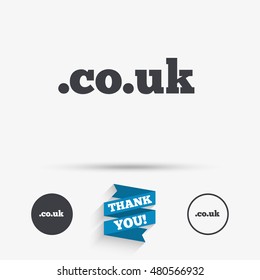 Domain CO.UK sign icon. UK internet subdomain symbol. Flat icons. Buttons with icons. Thank you ribbon. Vector