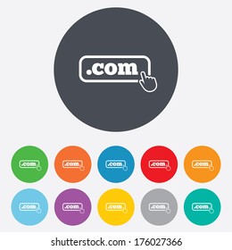 Domain COM sign icon. Top-level internet domain symbol with hand pointer. Round colourful 11 buttons. Vector