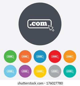 Domain COM sign icon. Top-level internet domain symbol with cursor pointer. Round colourful 11 buttons. Vector