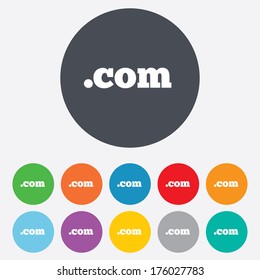 Domain COM sign icon. Top-level internet domain symbol. Round colourful 11 buttons. Vector