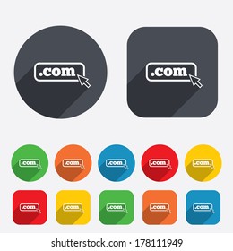 Domain COM sign icon. Top-level internet domain symbol with cursor pointer. Circles and rounded squares 12 buttons. Vector