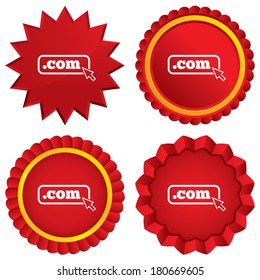 Domain COM sign icon. Top-level internet domain symbol with cursor pointer. Red stars stickers. Certificate emblem labels. Vector