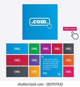 Domain COM sign icon. Top-level internet domain symbol with hand pointer. Metro style buttons. Modern interface website buttons with hand cursor pointer. Vector
