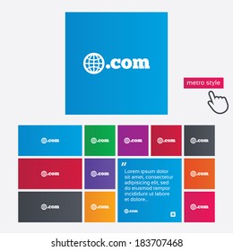 Domain COM sign icon. Top-level internet domain symbol with globe. Metro style buttons. Modern interface website buttons with hand cursor pointer. Vector