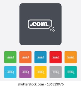 Domain COM sign icon. Top-level internet domain symbol with cursor pointer. Rounded squares 11 buttons. Vector