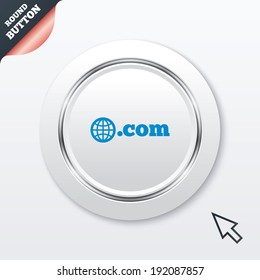 Domain COM sign icon. Top-level internet domain symbol with globe. White button with metallic line. Modern UI website button with mouse cursor pointer. Vector