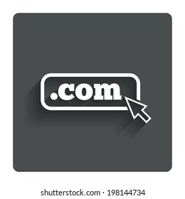 Domain COM sign icon. Top-level internet domain symbol with cursor pointer. Gray flat button with shadow. Modern UI website navigation. Vector