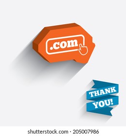 Domain COM sign icon. Top-level internet domain symbol with hand pointer. White icon on orange 3D piece of wall. Carved in stone with long flat shadow. Vector