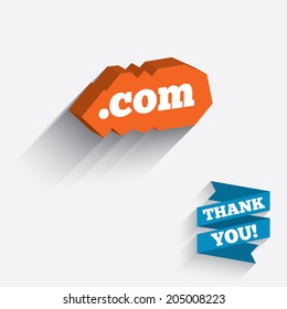 Domain COM sign icon. Top-level internet domain symbol. White icon on orange 3D piece of wall. Carved in stone with long flat shadow. Vector