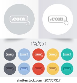 Domain COM sign icon. Top-level internet domain symbol with hand pointer. Round 12 circle buttons. Shadow. Hand cursor pointer. Vector