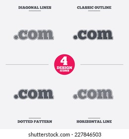 Domain COM sign icon. Top-level internet domain symbol. Diagonal and horizontal lines, classic outline, dotted texture. Pattern design icons.  Vector