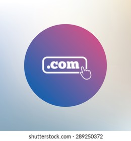 Domain COM sign icon. Top-level internet domain symbol with hand pointer. Icon on blurred background. Vector