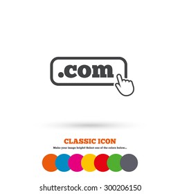 Domain COM sign icon. Top-level internet domain symbol with hand pointer. Classic flat icon. Colored circles. Vector