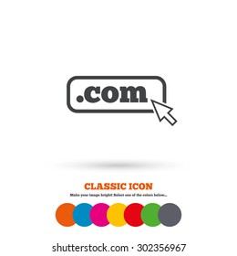 Domain COM sign icon. Top-level internet domain symbol with cursor pointer. Classic flat icon. Colored circles. Vector