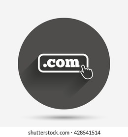 Domain COM sign icon. Top-level internet domain symbol with hand pointer. Circle flat button with shadow. Vector