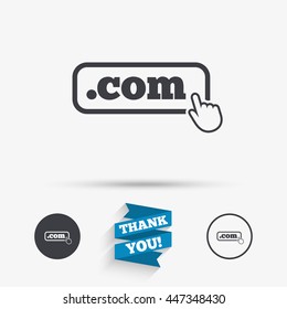 Domain COM sign icon. Top-level internet domain symbol with hand pointer. Flat icons. Buttons with icons. Thank you ribbon. Vector