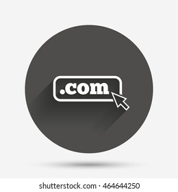 Domain COM sign icon. Top-level internet domain symbol with cursor pointer. Circle flat button with shadow. Vector