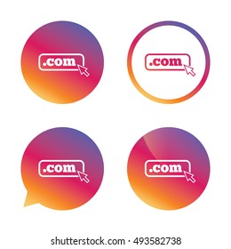 Domain COM sign icon. Top-level internet domain symbol with cursor pointer. Gradient buttons with flat icon. Speech bubble sign. Vector