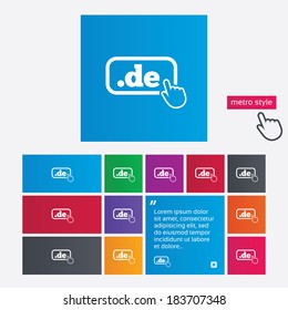 Domain DE sign icon. Top-level internet domain symbol with hand pointer. Metro style buttons. Modern interface website buttons with hand cursor pointer. Vector