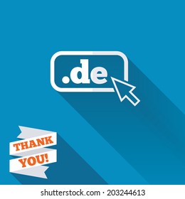Domain DE sign icon. Top-level internet domain symbol with cursor pointer. White flat icon with long shadow. Paper ribbon label with Thank you text. Vector