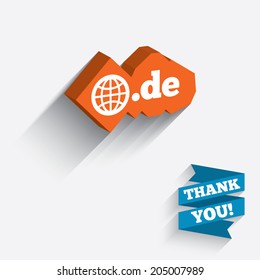Domain DE sign icon. Top-level internet domain symbol with globe. White icon on orange 3D piece of wall. Carved in stone with long flat shadow. Vector
