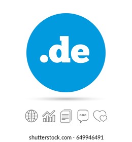 Domain DE sign icon. Top-level internet domain symbol. Copy files, chat speech bubble and chart web icons. Vector