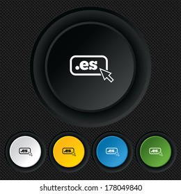 Domain ES sign icon. Top-level internet domain symbol with cursor pointer. Round colourful buttons on black texture. Vector