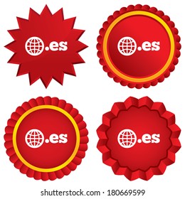 Domain ES sign icon. Top-level internet domain symbol with globe. Red stars stickers. Certificate emblem labels. Vector