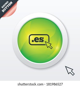 Domain ES sign icon. Top-level internet domain symbol with cursor pointer. Green shiny button. Modern UI website button with mouse cursor pointer. Vector