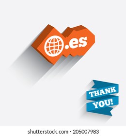 Domain ES sign icon. Top-level internet domain symbol with globe. White icon on orange 3D piece of wall. Carved in stone with long flat shadow. Vector
