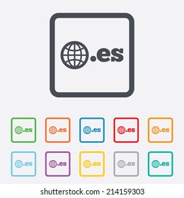 Domain ES sign icon. Top-level internet domain symbol with globe. Round squares buttons with frame. Vector