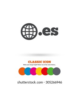 Domain ES sign icon. Top-level internet domain symbol with globe. Classic flat icon. Colored circles. Vector
