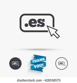 Domain ES sign icon. Top-level internet domain symbol with cursor pointer. Flat icons. Buttons with icons. Thank you ribbon. Vector