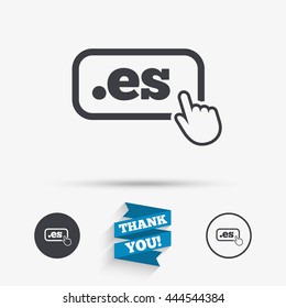Domain ES sign icon. Top-level internet domain symbol with hand pointer. Flat icons. Buttons with icons. Thank you ribbon. Vector