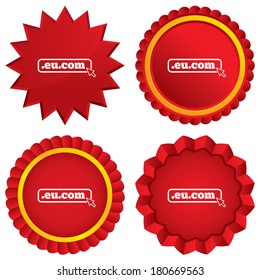 Domain EU.COM sign icon. Internet subdomain symbol with cursor pointer. Red stars stickers. Certificate emblem labels. Vector