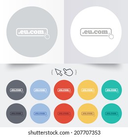 Domain EU.COM sign icon. Internet subdomain symbol with hand pointer. Round 12 circle buttons. Shadow. Hand cursor pointer. Vector