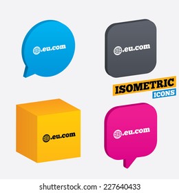 Domain EU.COM sign icon. Internet subdomain symbol with globe. Isometric speech bubbles and cube. Rotated icons with edges. Vector