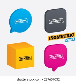 Domain EU.COM sign icon. Internet subdomain symbol with cursor pointer. Isometric speech bubbles and cube. Rotated icons with edges. Vector