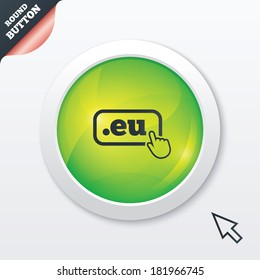 Domain EU sign icon. Top-level internet domain symbol with hand pointer. Green shiny button. Modern UI website button with mouse cursor pointer. Vector