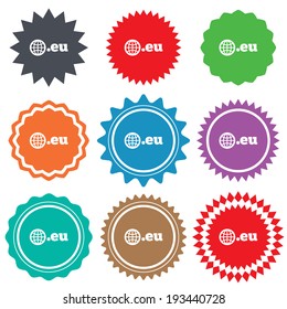 Domain EU sign icon. Top-level internet domain symbol with globe. Stars stickers. Certificate emblem labels. Vector