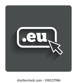 Domain EU sign icon. Top-level internet domain symbol with cursor pointer. Gray flat button with shadow. Modern UI website navigation. Vector