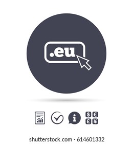 Domain EU sign icon. Top-level internet domain symbol with cursor pointer. Report document, information and check tick icons. Currency exchange. Vector