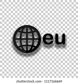 domain, European identity, globe and eu. Black glass icon with soft shadow on transparent background