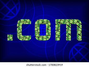 domain expansion dot com can make money on the internet, dot com domain name expansion with dollar flat bank money inside word and world wide web WWW blue background.  power marketing domain name.