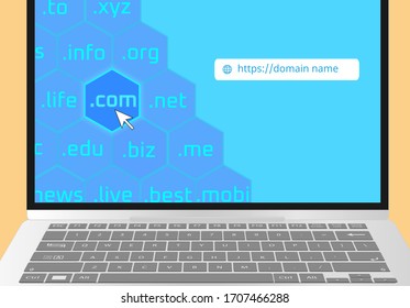 Domain extensions in laptop display - Domain name www Communication, Domain name registration,Domain Global Communication Homepage, Get best domain Url website to grow your business power. 