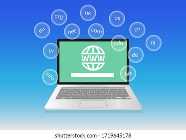 Domain extensions on bubble Global Communication WWW Homepage on laptop
